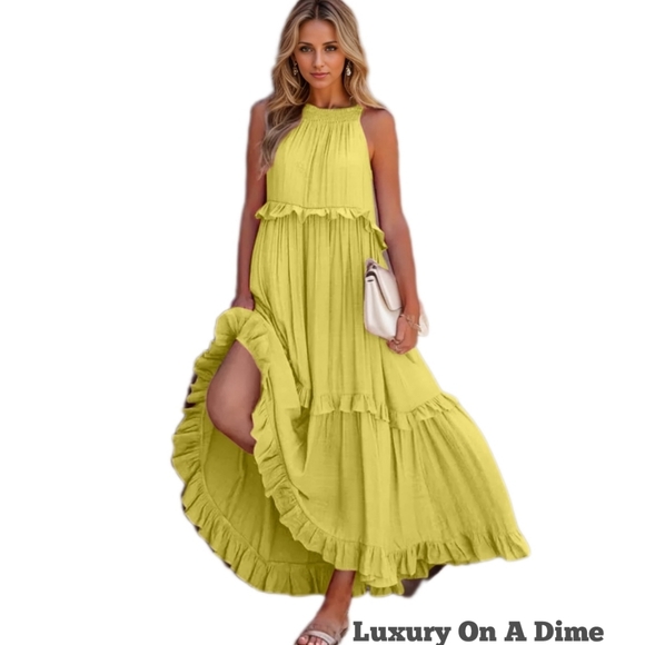 Ruffle Sleeveless Tie Back Tiered Summer Pocket Oversized High-Low Maxi Dress - Picture 2 of 13